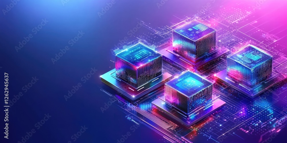 Leinwandbilder blockchain with interconnected iot devices showcasing smart systems in a modern workspace, neutral b