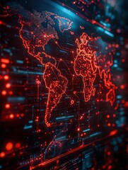 A digital representation of a world map, glowing in red with circuit-like patterns and data streams, symbolizing technology and global connectivity.