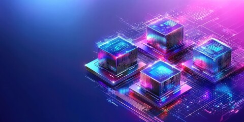 Naklejka premium Blockchain with interconnected IoT devices showcasing smart systems in a modern workspace, neutral background, sleek technology props,