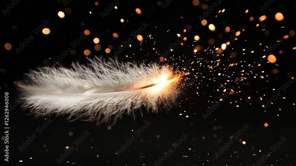 Poster A delicate feather surrounded by sparkling particles, creating a magical effect.