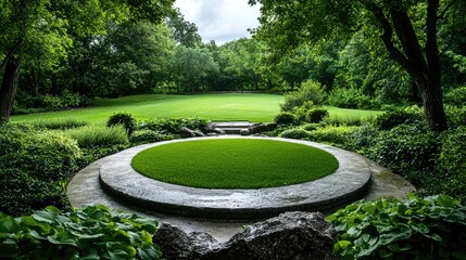 Lush green garden with circular lawn, steps, and woodland background; ideal for relaxation or design inspiration
