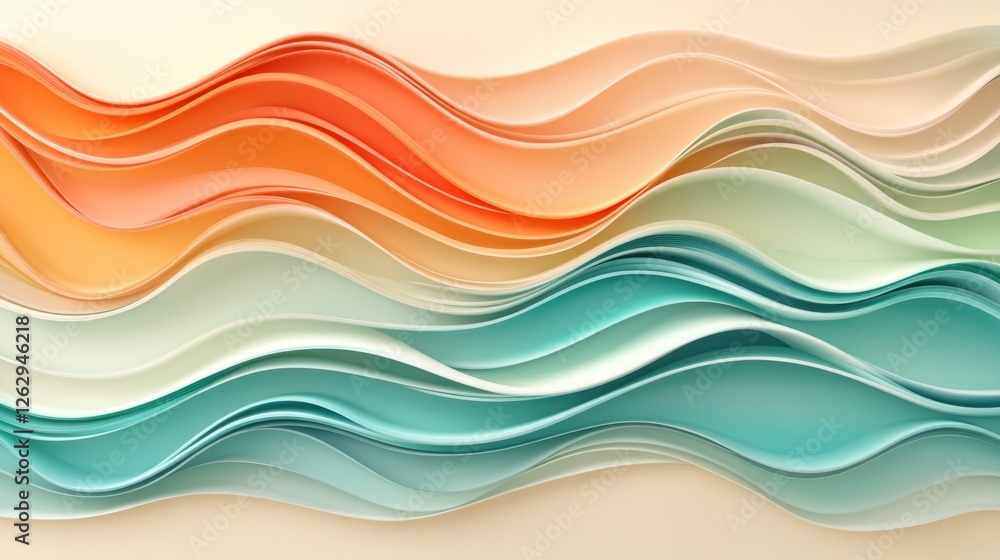 Poster abstract iridescent holographic curved lines on a warm beige background. modern 3d rendering illustr