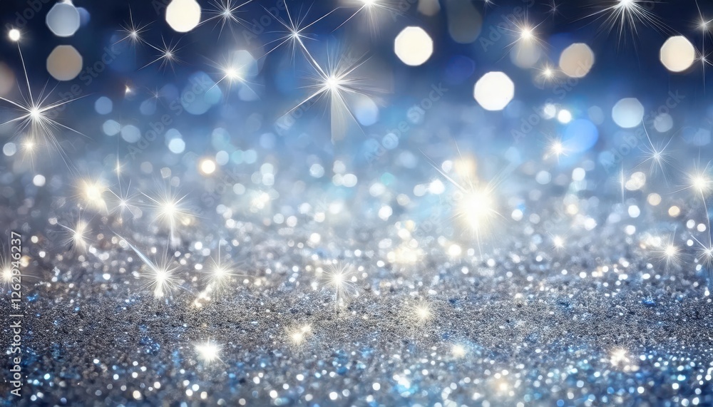Poster sparkling blue glitter background with bokeh lights and starburst effect for festive design, holiday