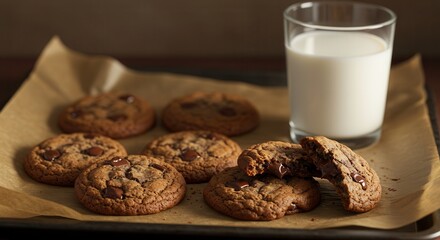 Chocolate Chip Cookies with Glass of Milk Freshly Baked and Ready to Eat