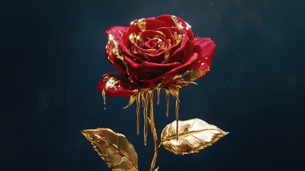 Valentine, a red rose with golden accents and dripping gold - like effect, perfect for Valentine's Day and as a wallpaper.