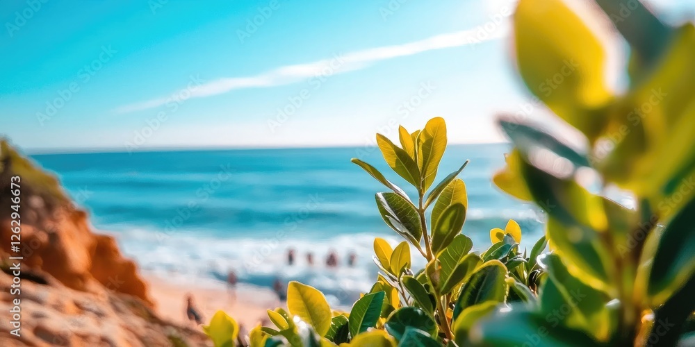 Poster a serene coastal vista with crashing waves below a cliff, showcasing a group of friends in a spontan