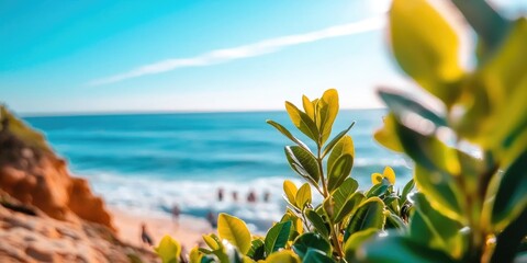 A serene coastal vista with crashing waves below a cliff, showcasing a group of friends in a spontaneous line, symbolizing connection and adventure in the great outdoors