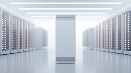 modern data center with rows of illuminated server racks and central cooling unit in bright, futuristic environment