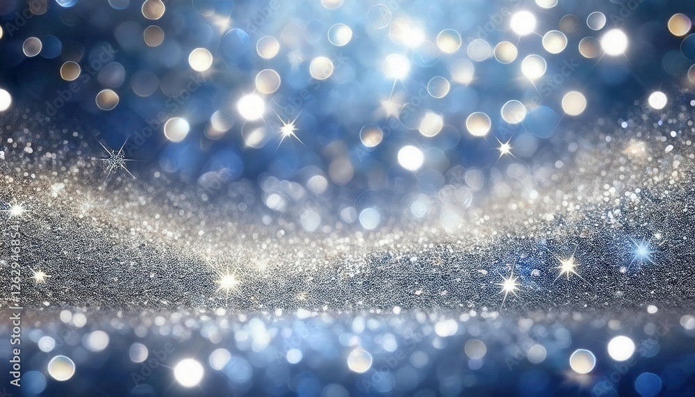 Poster sparkling blue glitter background with bokeh lights and starburst effect for festive design, holiday