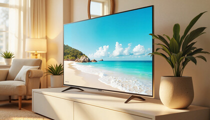Living room mockup with television displaying beach scenery