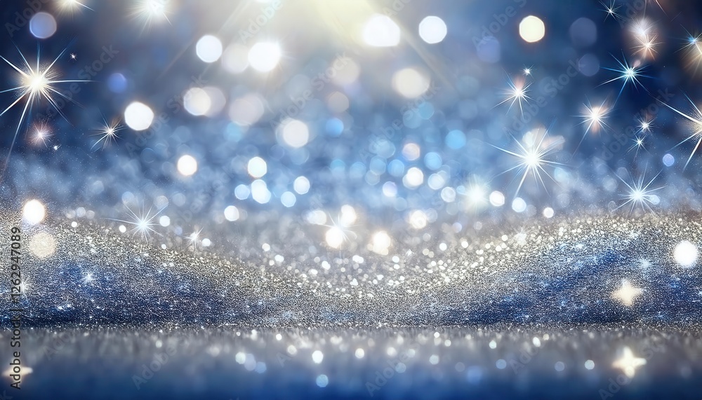 Poster sparkling blue glitter background with bokeh lights and starburst effect for festive design, holiday