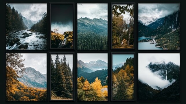Vector mood board of seven frames. Black photo collage templates.