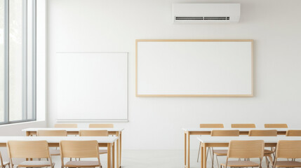 modern classroom with wooden chairs, white desks, whiteboard, and high capacity air conditioner on wall, creating clean and organized atmosphere