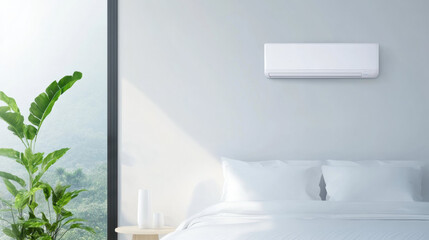 modern bedroom with high capacity air conditioner, white bedding, and green plant by large window, creating serene atmosphere