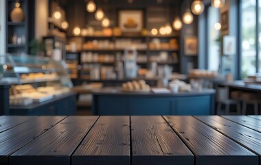 wooden table top with blur background of bakery shop. Generative ai