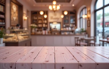 wooden table top with blur background of bakery shop. Generative ai
