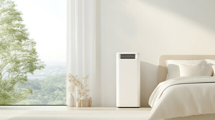 sleek white air conditioner stands in bright, minimalist bedroom with large window overlooking lush greenery, creating serene atmosphere
