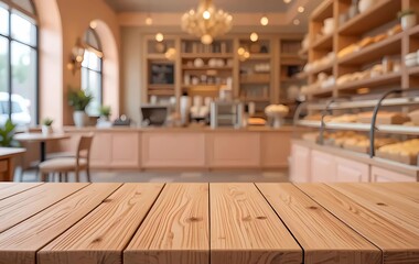 wooden table top with blur background of bakery shop. Generative ai