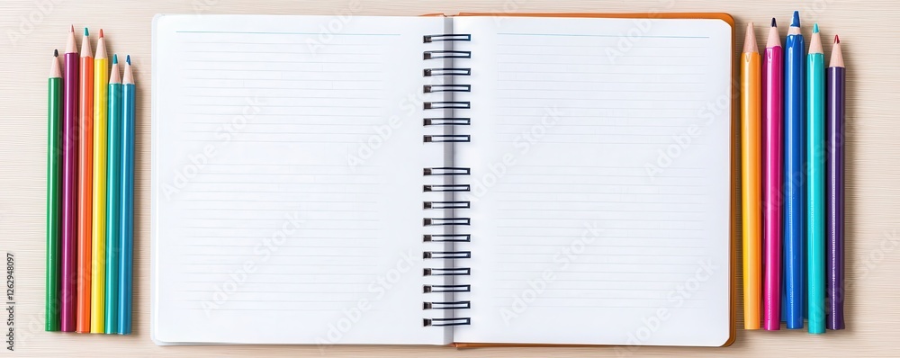 Poster an open spiral notebook lies on a wooden surface, surrounded by colorful pencils arranged neatly on 