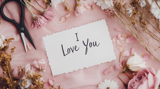 Romantic love themed crafts with handwritten i love you note surrounded by flowers and scissors