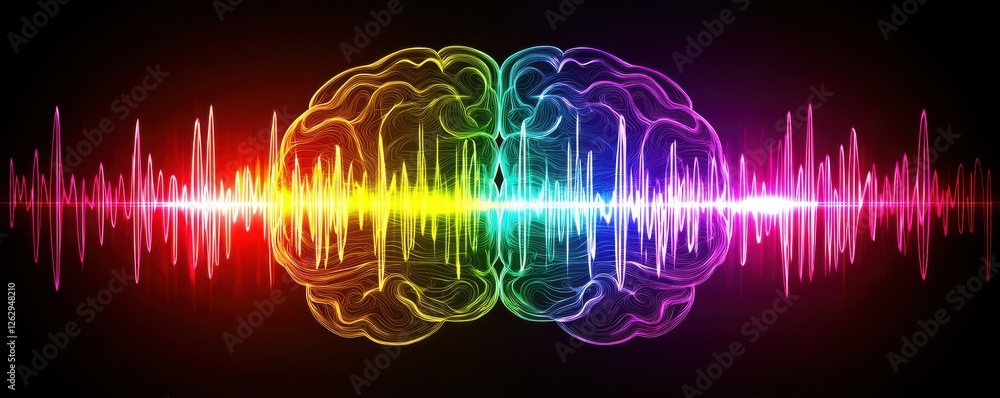 Poster a colorful representation of a brain surrounded by vibrant sound waves, symbolizing the connection b