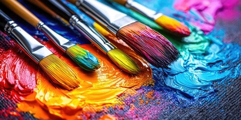 Fototapeta premium Dreamy artist studio filled with vibrant paintbrushes, colorful paints on canvas, capturing the essence of creativity