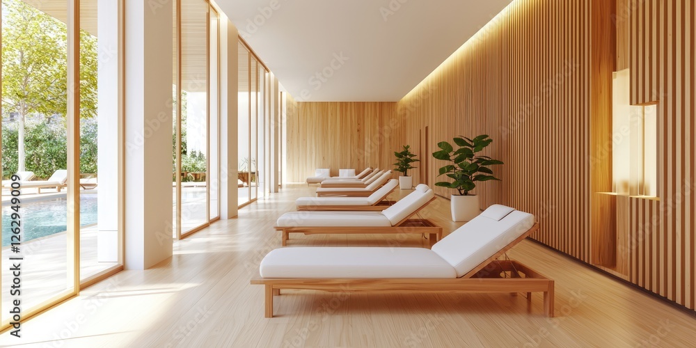 Poster line connection luxurious spa relaxation vibes minimalist design tranquil seating areas soothing colors