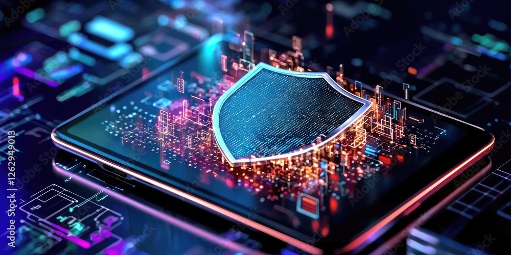 Poster mobile security concepts depicted with a shield overlay on a tablet displaying sensitive data, highl
