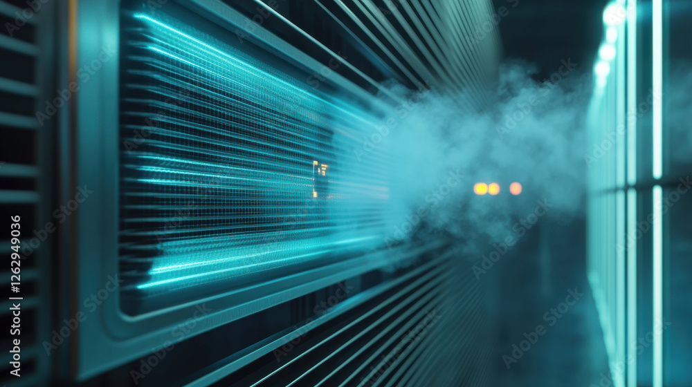 Poster futuristic server room with glowing blue lights and visible cooling vapor, showcasing advanced techn