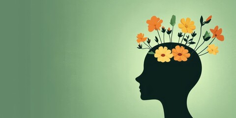 Mental health wellness. Silhouette of a head with flowers growing from the brain.