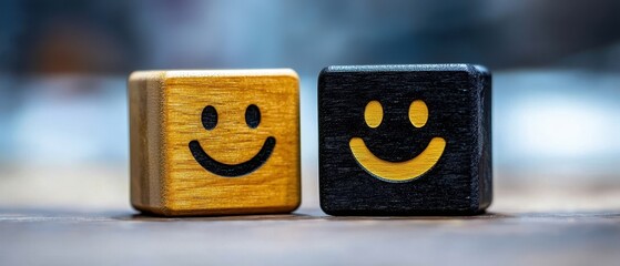 Mental health wellness. Two smiley face blocks, one gold and one black, on a wooden surface.