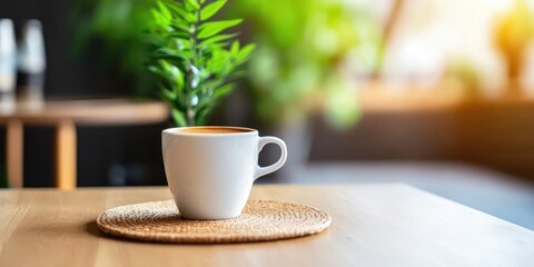 Trendy morning cafe setup with artisanal coffee, minimalist decor, and greenery, highlighting a bustling yet serene atmosphere