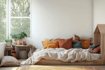 Scandinavian Children's Bedroom Interior Design with Natural Light Warm Wood Furniture Colorful Cushions and Cozy Atmosphere