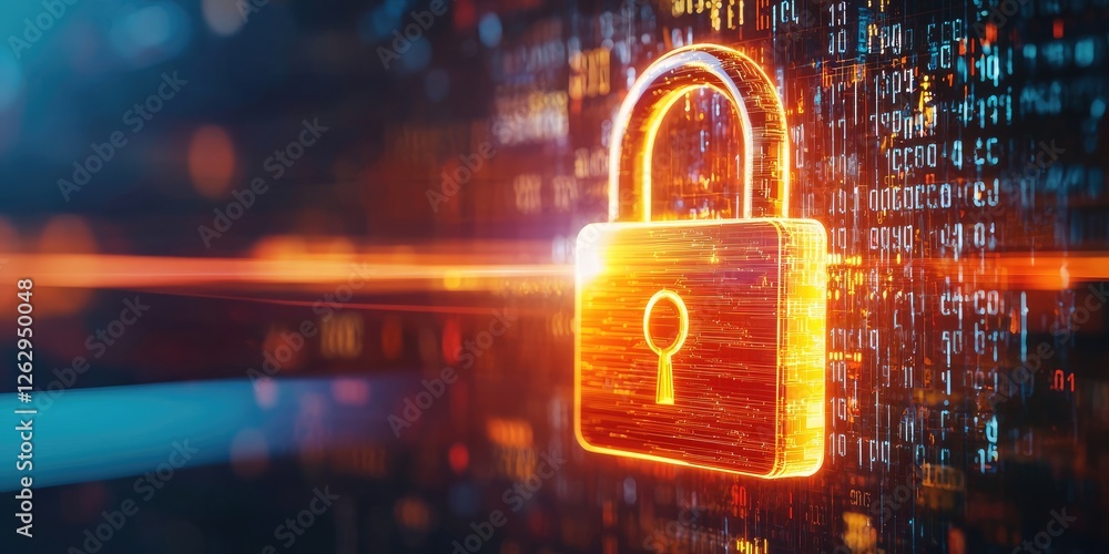Fototapete data encryption visualized with a locked digital padlock overlaying binary code, representing corpor