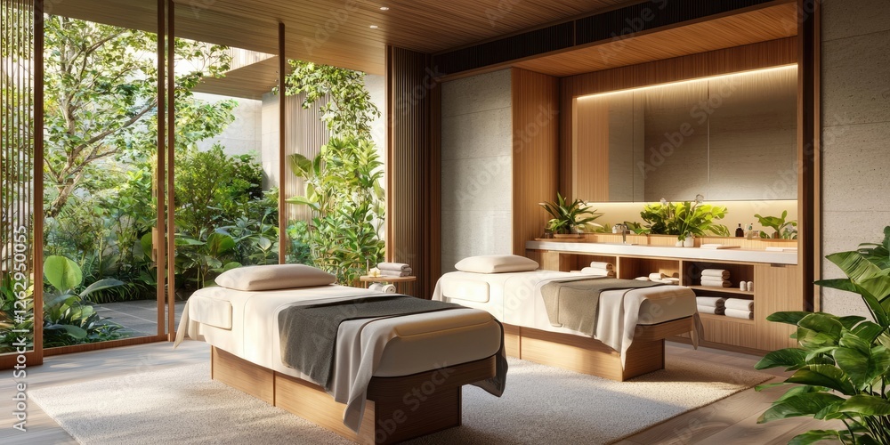 Poster line connection luxurious spa relaxation vibes inviting massage tables peaceful decor aromatherapy e
