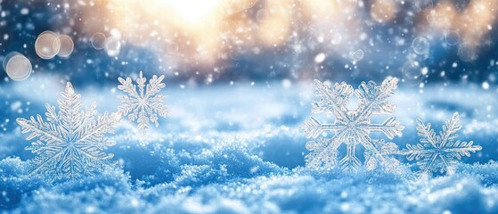 Naklejka premium Winter Snow Scene with Snowflakes Close Up on Snowy Ground with Soft Light and Bokeh Effect