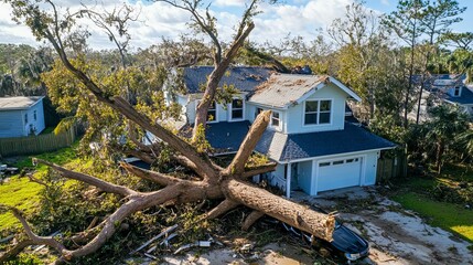 Tree Fallen On House After Storm. Home Insurance Claim Aftermath Concept.