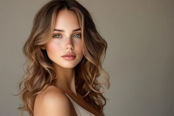 Naklejka premium Elegant woman with long wavy hair showcasing beauty, cosmetics, and glamour
