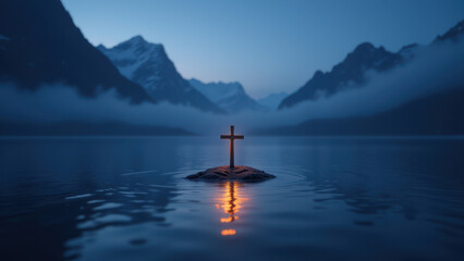 A tranquil scene with a mountain lake at sunset, featuring a small island with a cross on top.