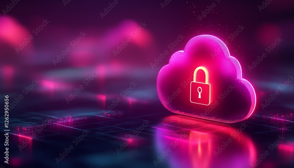 Poster a digital abstract concept of cloud security, with a cloud icon and a secure padlock symbol glowing 