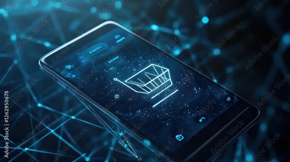 Aufkleber a smartphone displaying a digital shopping cart interface against a tech-inspired background.