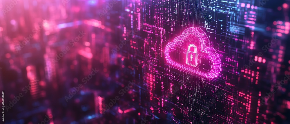 Poster a digital abstraction of cloud security services, with a cloud icon and secure padlock symbol, glowi