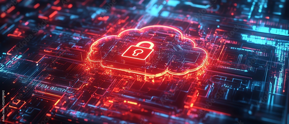 Poster a digital abstraction of cloud security services, with a cloud icon and secure padlock symbol, glowi