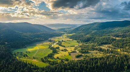 Obraz premium Breathtaking Aerial View of Lush Green Valley with Mountain Backdrop
