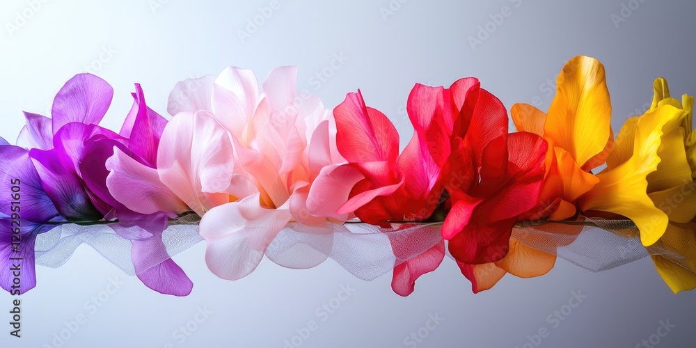 Poster vibrant colors of stunning flowers linked by elegant line connections, captured with soft lighting o