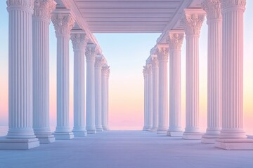 Serene sunset view through a colonnade of classical white pillars.