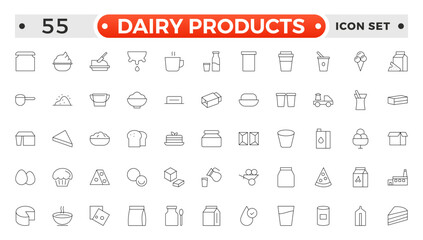 Milk and dairy products outline icon. Natural cow's milk and fermented milk product, cheese, cream, sour cream and cottage cheese. Web line icon.
