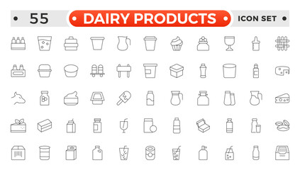 Milk and dairy products outline icon. Natural cow's milk and fermented milk product, cheese, cream, sour cream and cottage cheese. Web line icon.