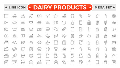 Milk and dairy products outline icon. Natural cow's milk and fermented milk product, cheese, cream, sour cream and cottage cheese. Web line icon.