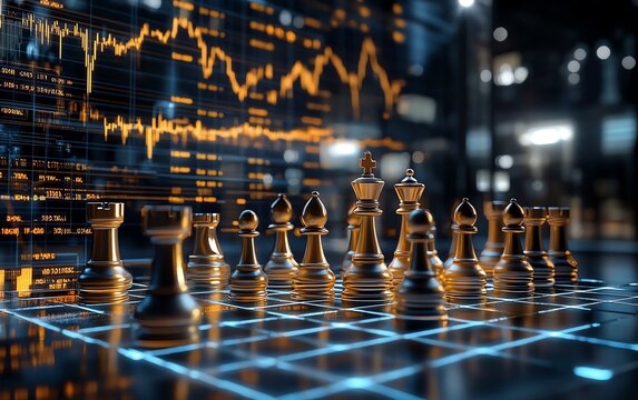 A hightech chessboard with detailed chess pieces, surrounded by a stock market graph showcasing fluctuating data and financial decisions